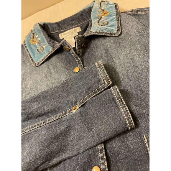 Coldwater Creek Denim Jacket Womens Petite Large Blue Embellished Collar Jean - Picture 1 of 6